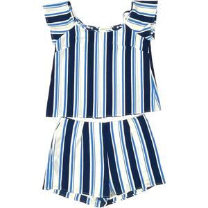 Blue & White Striped Two-Piece Set – Medium – Summer Crop Top & Shorts Outfit